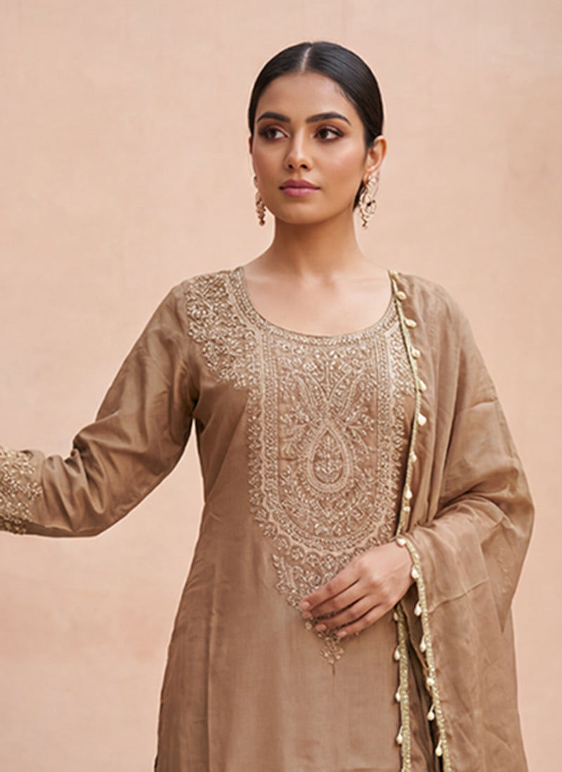 Shop Beige Silk Palazzo Suit Online
