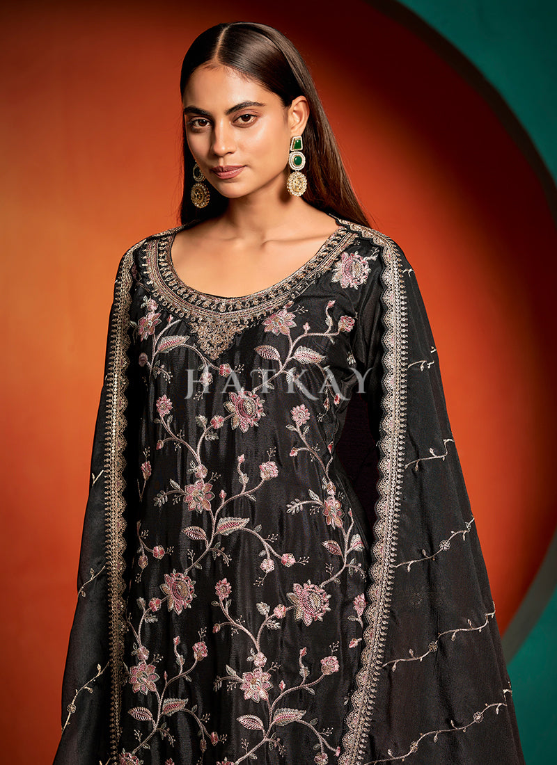 Black Floral Embroidery Palazzo Suit