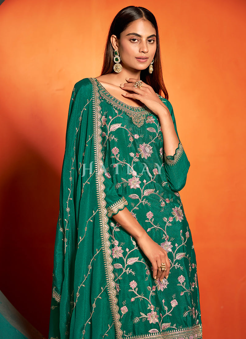 Dark Green Floral Embroidery Palazzo Suit