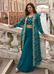 Turquoise Handwork Embroidered Jacket Style Palazzo Suit