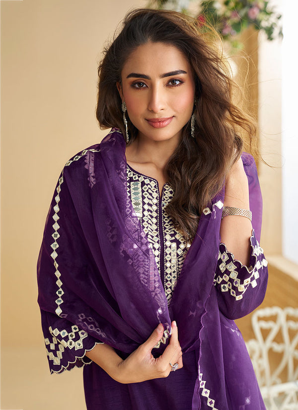 Purple And Cream Mirror Work Embroidery Palazzo Style Suit