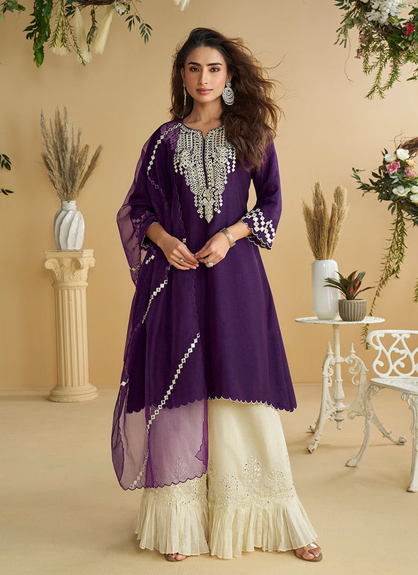 Purple And Cream Mirror Work Embroidery Palazzo Style Suit
