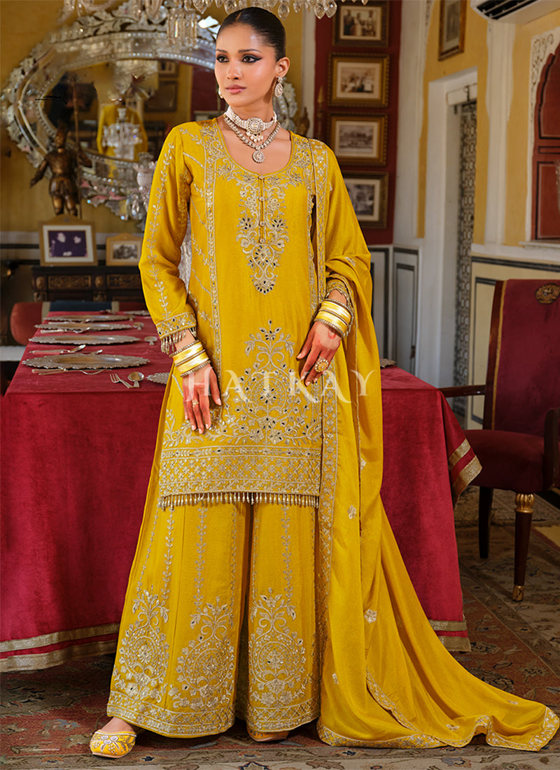 Buy Yellow Embroidered Plazzo Suit At Hakay