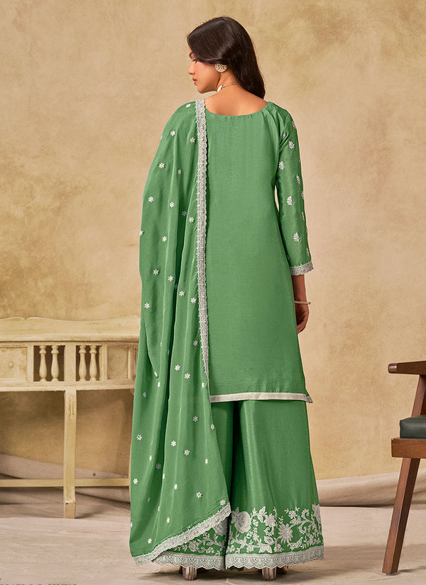 Sage Green Embroidered Palazzo Suit With Dupatta