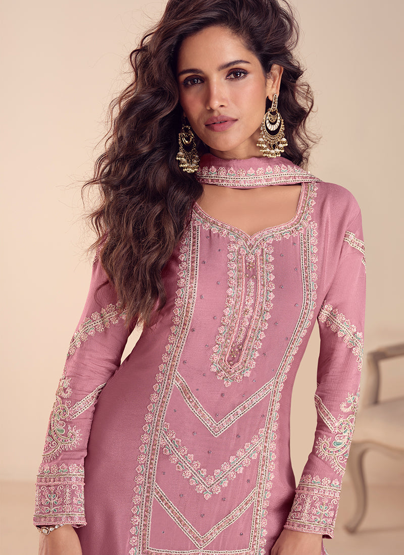 Designer Mauve Pink Chinon Sharara Palazzo Suit with Custom Stitching