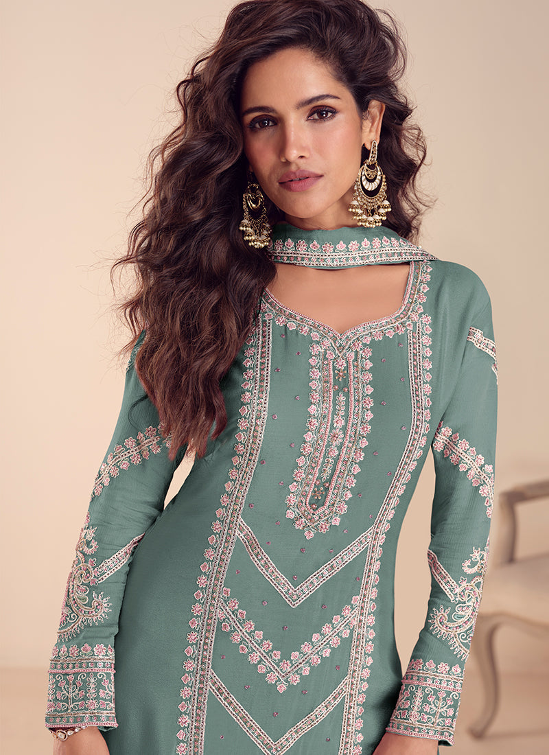 Designer Sage Green Chinon Sharara Palazzo Suit with Custom Stitching