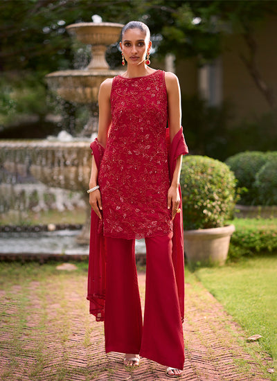 Cherry Red Floral Embroidered Pants Style Suit