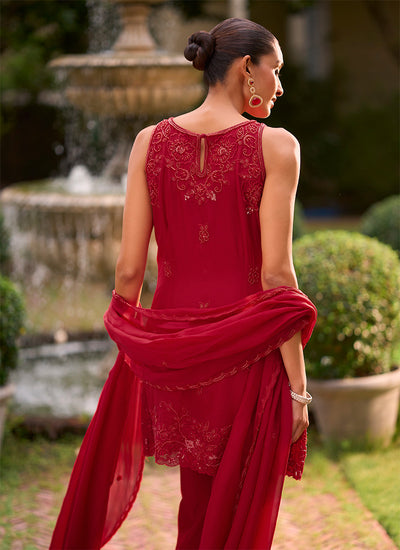 Buy Cherry Red Floral Pants Suit In Canada