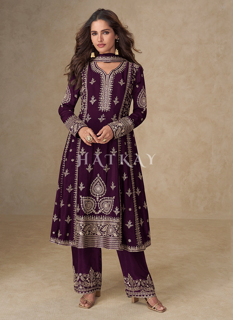 Deep Wine Anarkali Palazzo Suit