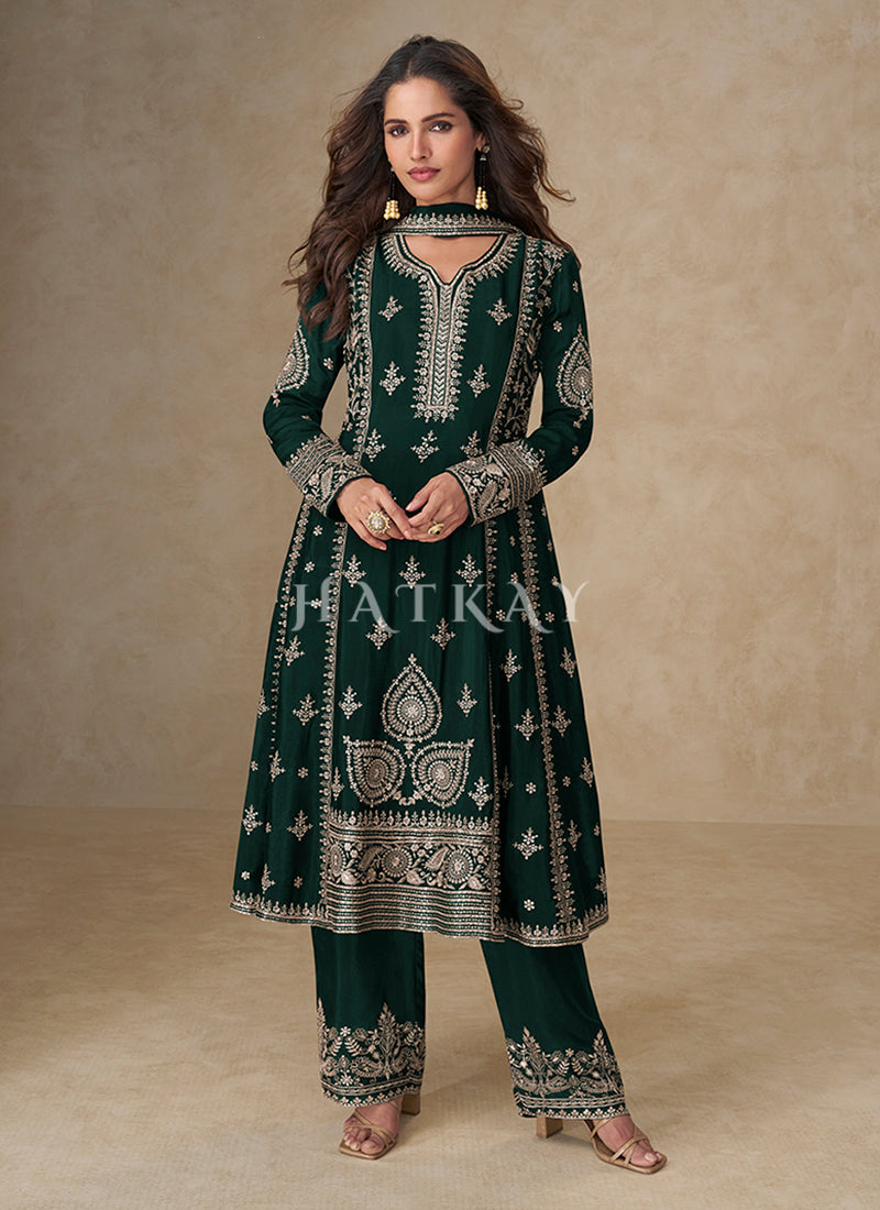 Dark Green Anarkali Palazzo Suit