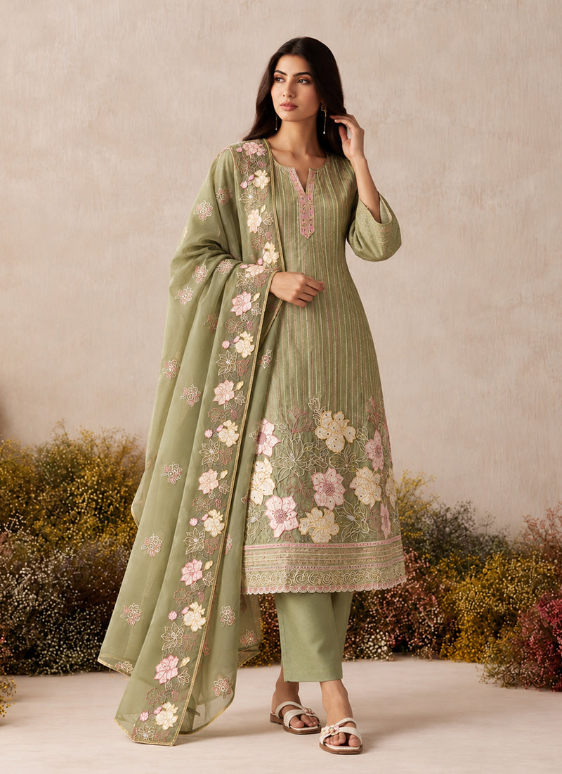 Light Green Floral Embroidery Silk Pant Style Suit