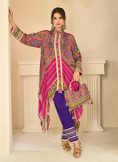 Pink And Violet Digital Print Designer Pant Suit