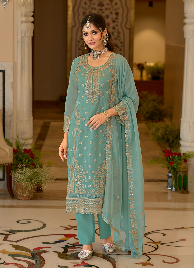 Shop Teal Blue Designer Pant Suit Online