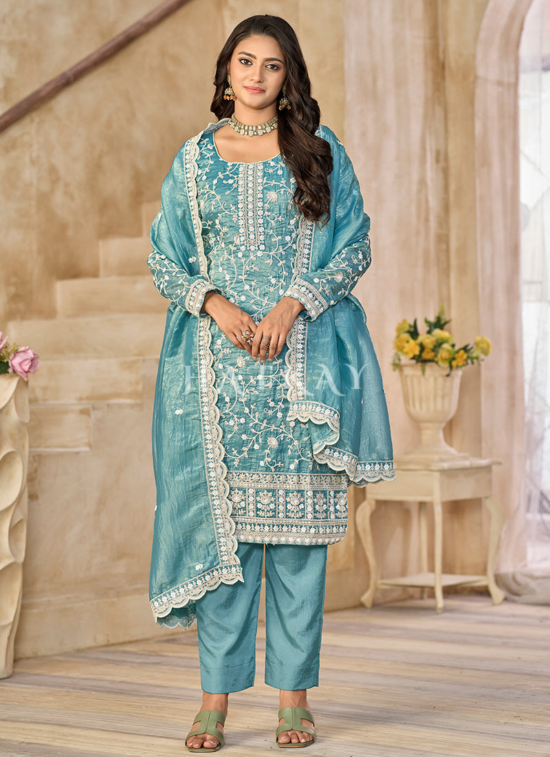 Buy Traditional Blue Pant Style Salwar Suit In UK
