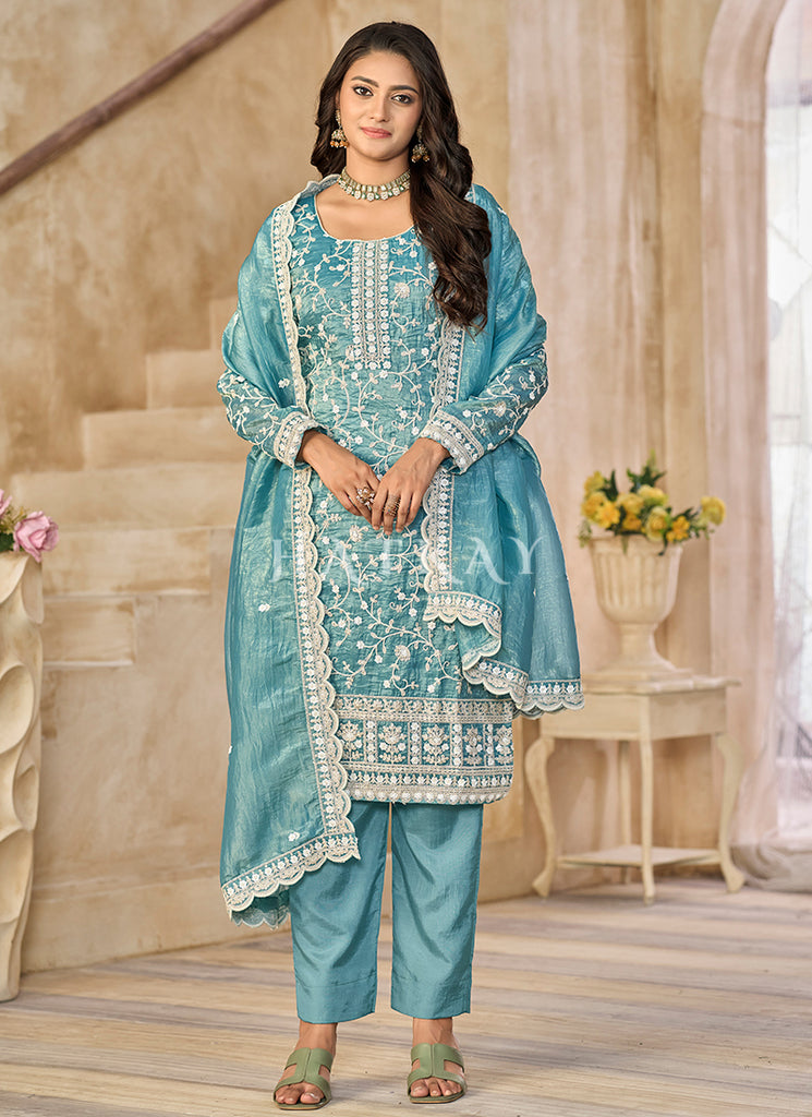 Buy Traditional Blue Pant Style Salwar Suit In UK