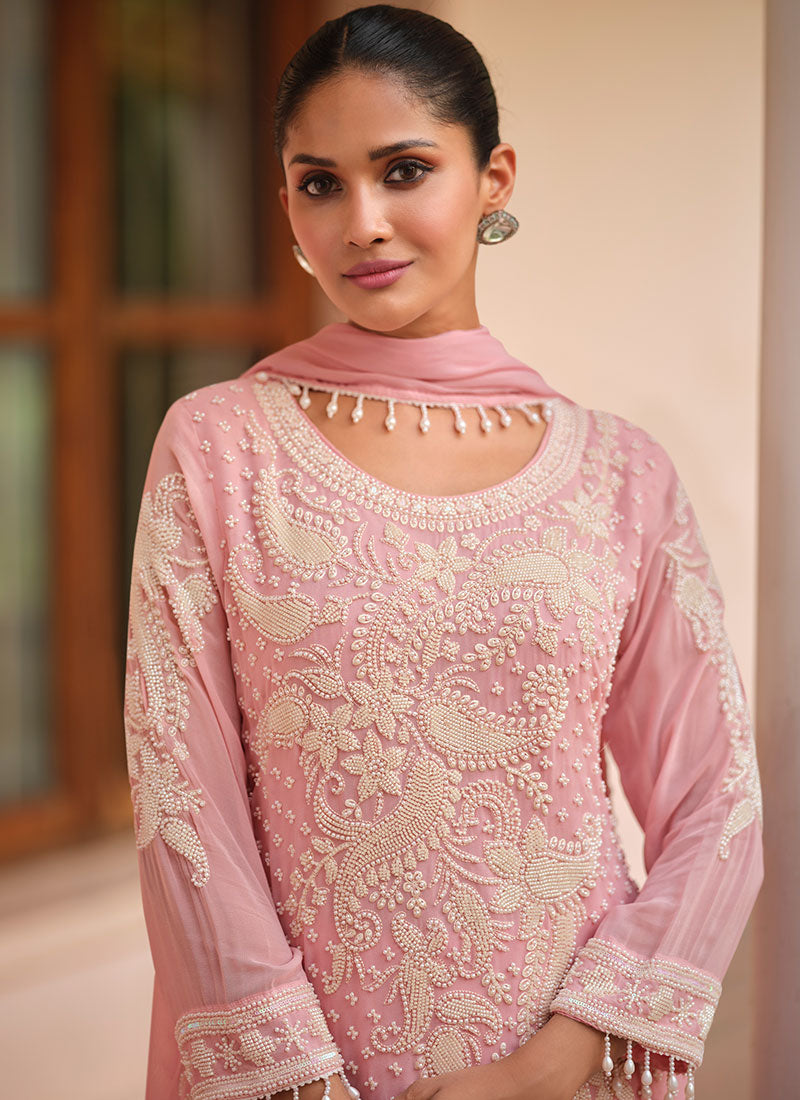 Shop Soft Pink Handwork Pant Suit In Canada