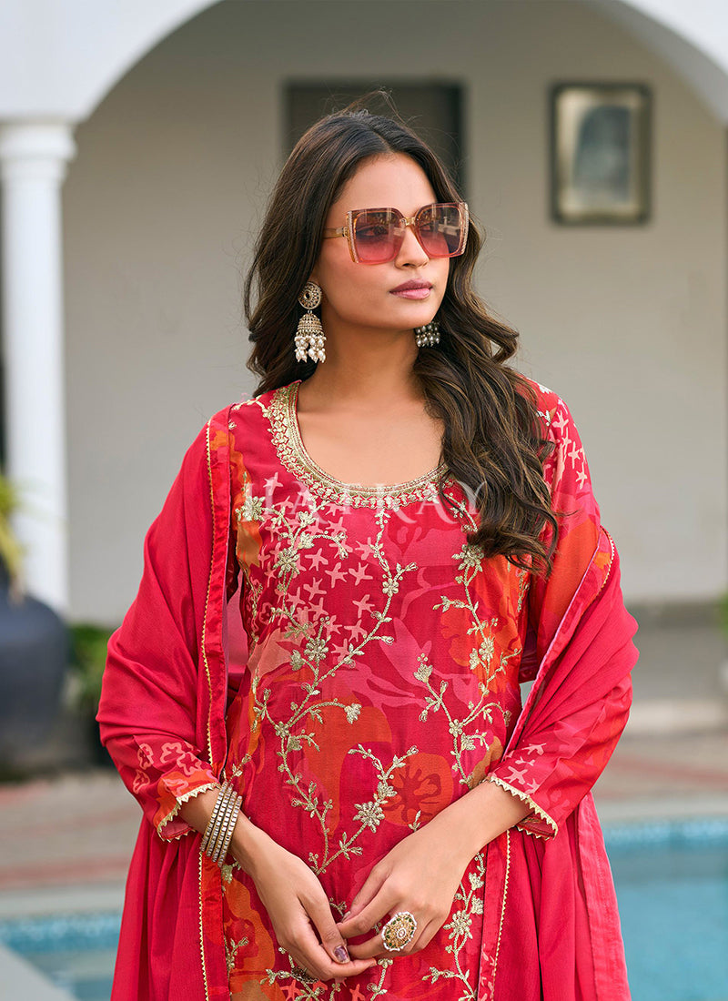 Crimson Red embroidered suit with dupatta for festive occasions