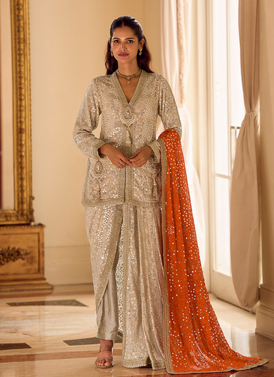 Beige Dhoti Style Pant With Orange Dupatta