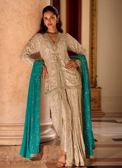 Beige Dhoti Style Pant With Turquoise Dupatta