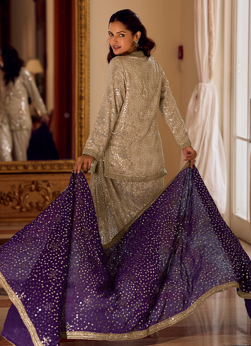 Beige Dhoti Style Pant With Purple Dupatta