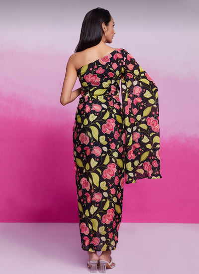 Buy Black Floral Printed Chinnon Silk Dress In USA