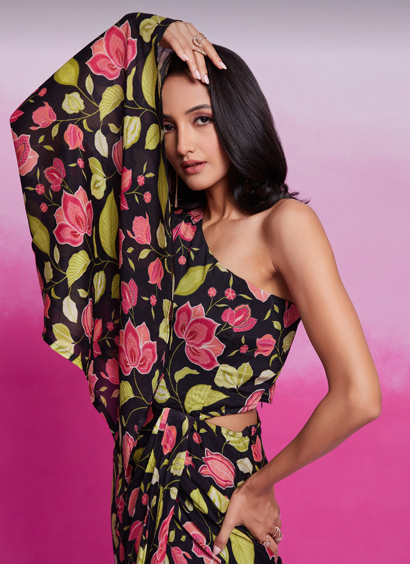 Buy Black Floral Chinnon Silk Dress In UAE