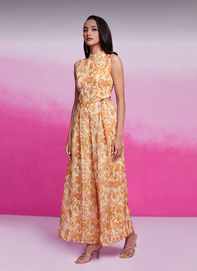 Buy Pastel Orange Floral Silk Jumpsuit Online