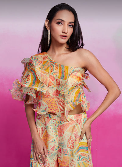 Shop Cream Multicolour Silk Co-Ord Set In UK