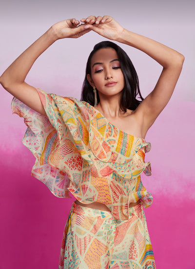 Shop Cream Multicolour Silk Co-Ord Set Online