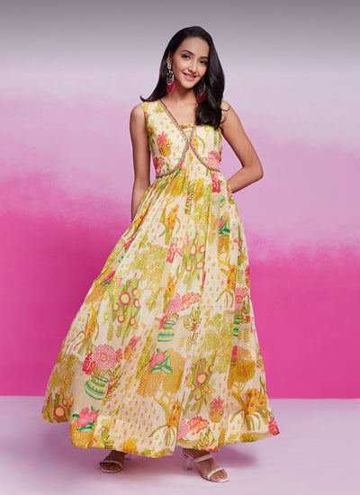 Buy Ivory Floral Organza Silk Maxi Dress Online At Hatkay