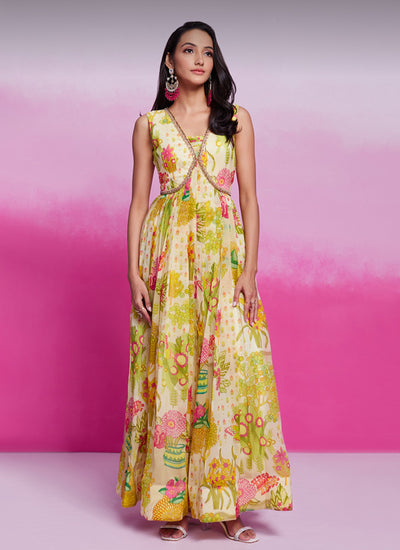Ivory Floral Printed Organza Silk Maxi Dress