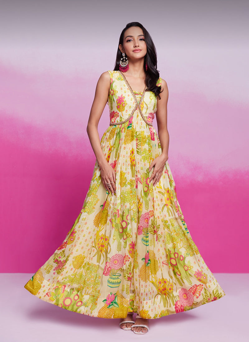 Ivory Floral Printed Organza Silk Maxi Dress At Best Price