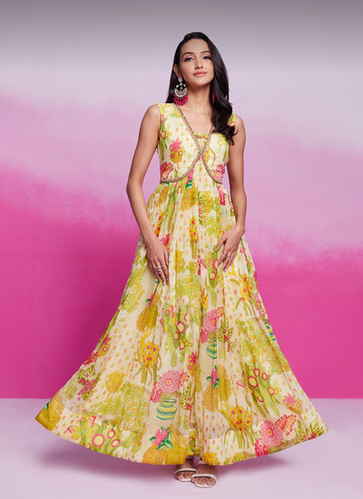 Ivory Floral Printed Organza Silk Maxi Dress At Best Price