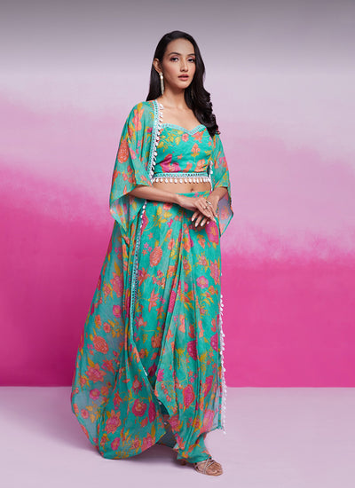 Buy Turquoise Printed Skirt Set with Cape Online At Hatkay
