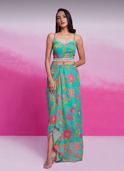 Shop Turquoise Printed Skirt Set with In UK