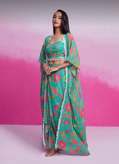 Shop Turquoise Floral Printed Skirt Set In Canada