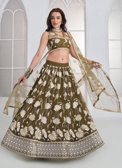 Shop Olive Green Embroidery Lehenga In Canada