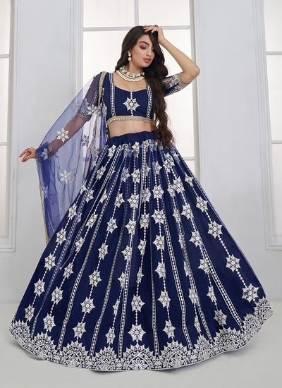 Dark Blue Threadwork Embroidery Lehenga Choli