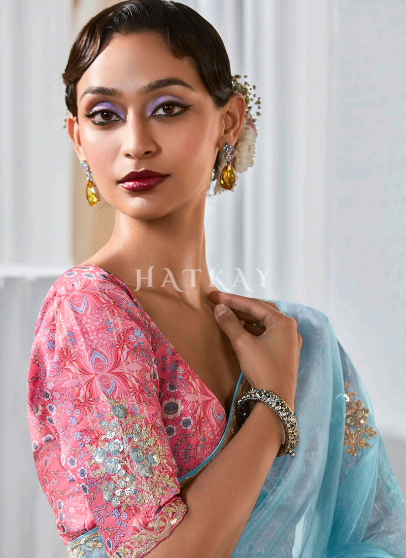 Buy Sky Blue Designer Sari