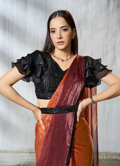 Buy Maroon And Orange Sari In Canada