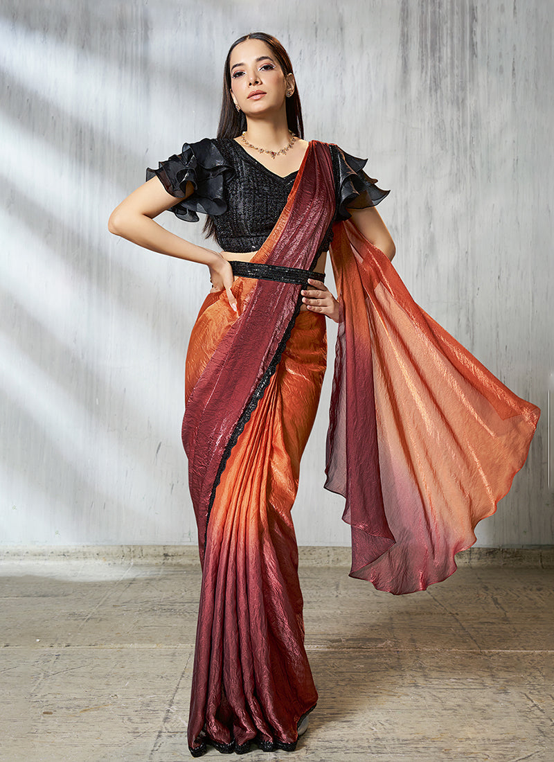 Buy Maroon And Orange Sari Online