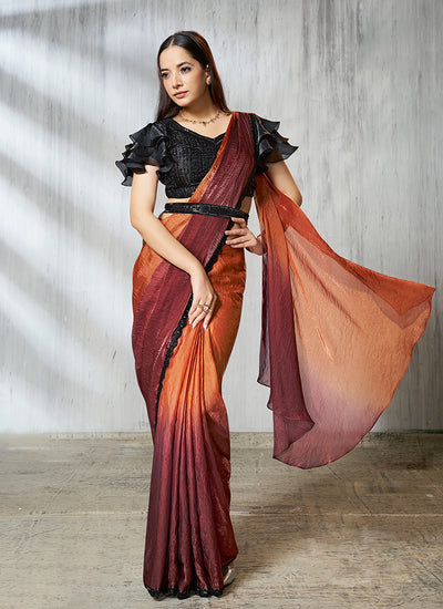 Shop Maroon And Orange Party Wear Saree