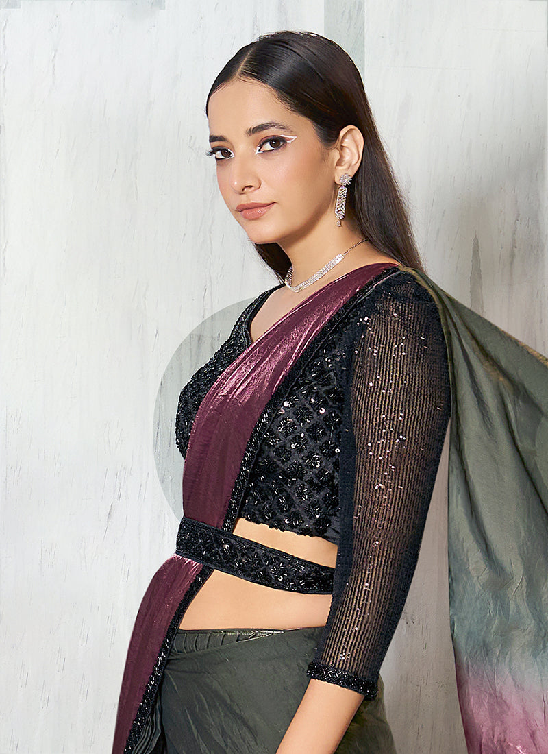 Buy Plum And Grey Sari Online