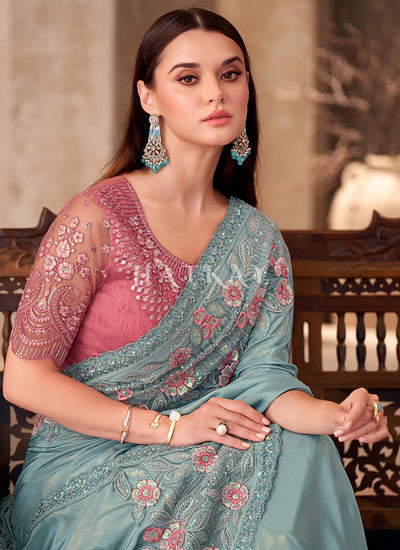 Buy Traditional Sky Blue And Pink Saree In UK