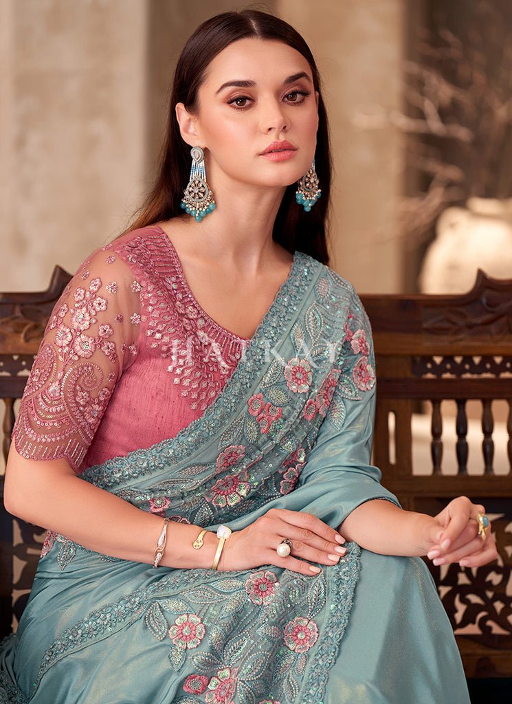 Buy Traditional Sky Blue And Pink Saree In UK