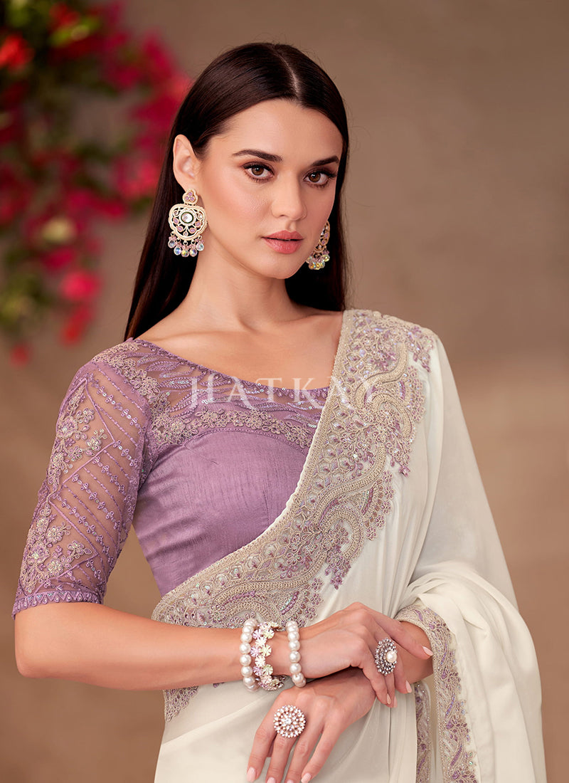 Buy Traditional Off white And Lavender Saree In UAE