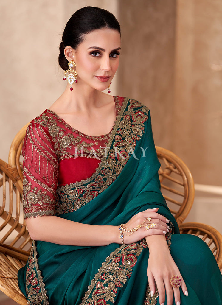 Buy Fancy Turquoise And Red Saree In UK