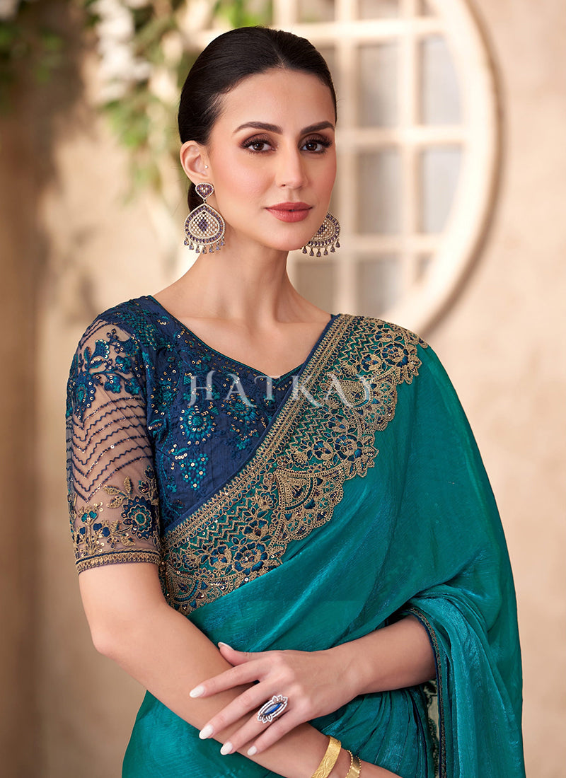 Buy Turquoise Blue Wedding Saree In UAE