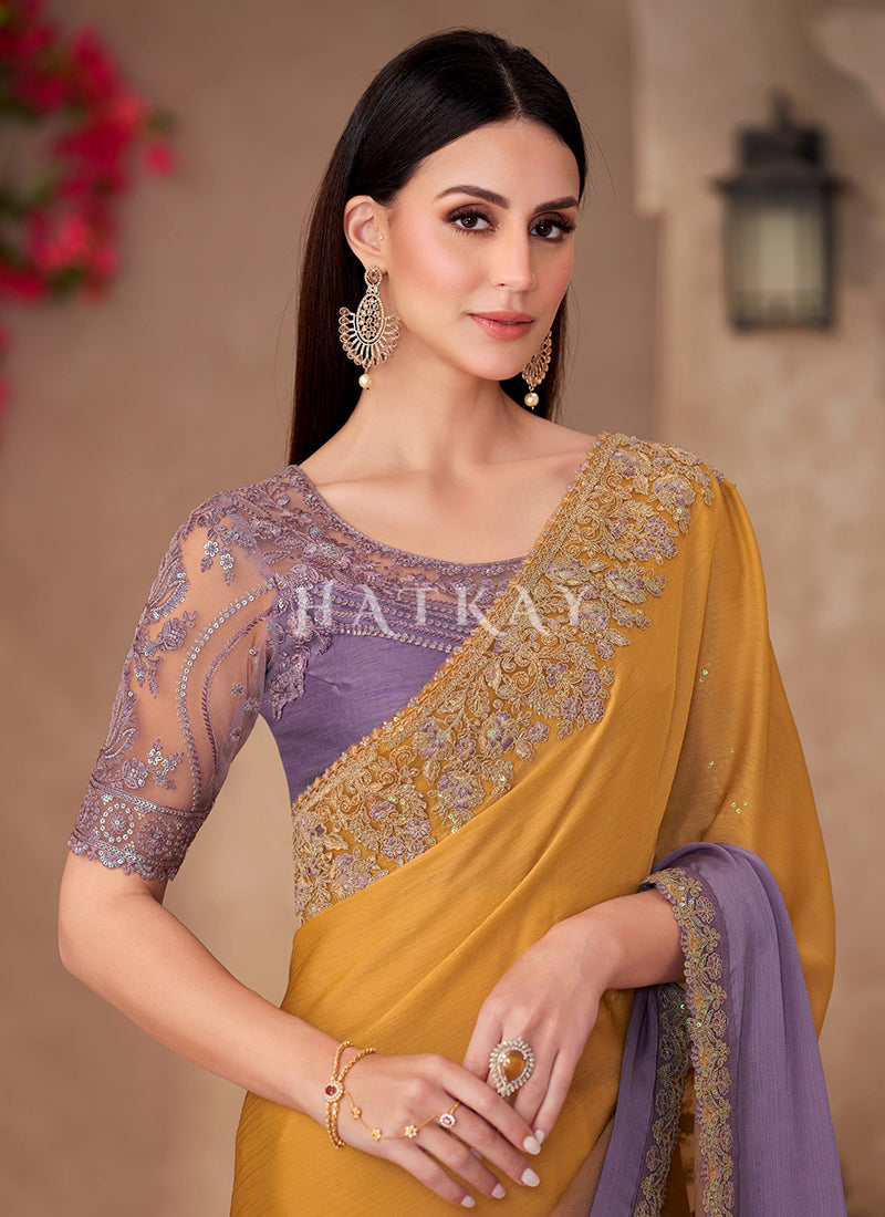 Buy Traditional Yellow And Purple Saree In UK