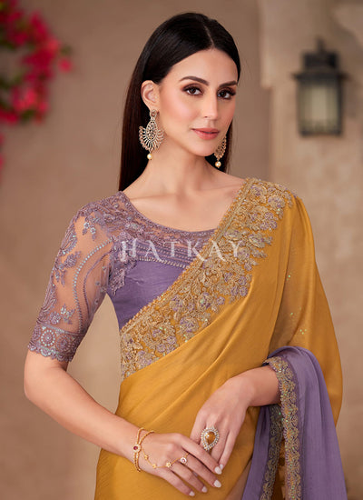 Buy Traditional Yellow And Purple Saree In UK